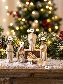 7pcs Christmas Nativity Scene Set, Miniature Jesus Birth Scene Figurines, Holy Family Statue Including Virgin Mary Joseph Baby Jesus Angel Sheep, Religious Christmas Decoration, Miniature Display Ornament For Home, Tabletop, Shelf, Desk Decor - A - View 9