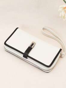 Women's Mini Handheld Phone Wallet, Exquisite Snap Closure, Colorblock Patchwork, Soft PU Long Wallet, Multi-Functional Large Capacity ID Card Holder, Zipper Coin Purse, Lightweight And Fashionable - Black and White - View 6