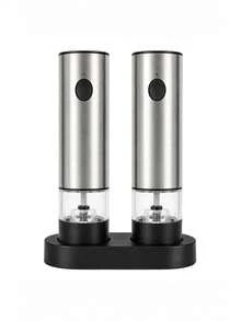 1 buah Set Penggiling Garam dan Merica Elektrik Isi Ulang, Penggiling Merica Otomatis Stainless Steel dengan Alas Penyimpanan Hitam, Lampu LED, Dapat Diisi Ulang Tipe-C, Tingkat Kekasaran yang Dapat Diatur, Peralatan Dapur, Hadiah Dapur - Perak - View 12
