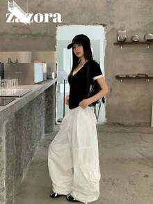 黑色V領2合1短袖女款夏季韓風修身顯瘦短版上衣 - 黑拼白 - 查看 3