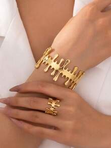 Set de 2 piezas de pulsera y anillo con diseño elegante vintage abstracto de goteo de lava, regalo de escultura artística única, adecuado para el uso diario de las mujeres y para regalar - Dorado - Ver 6