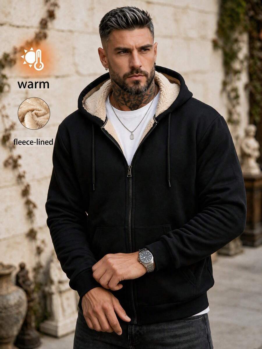 Men's Winter Casual Solid Color Minimalist Hooded Thermal Lined Jacket - Black - View 1