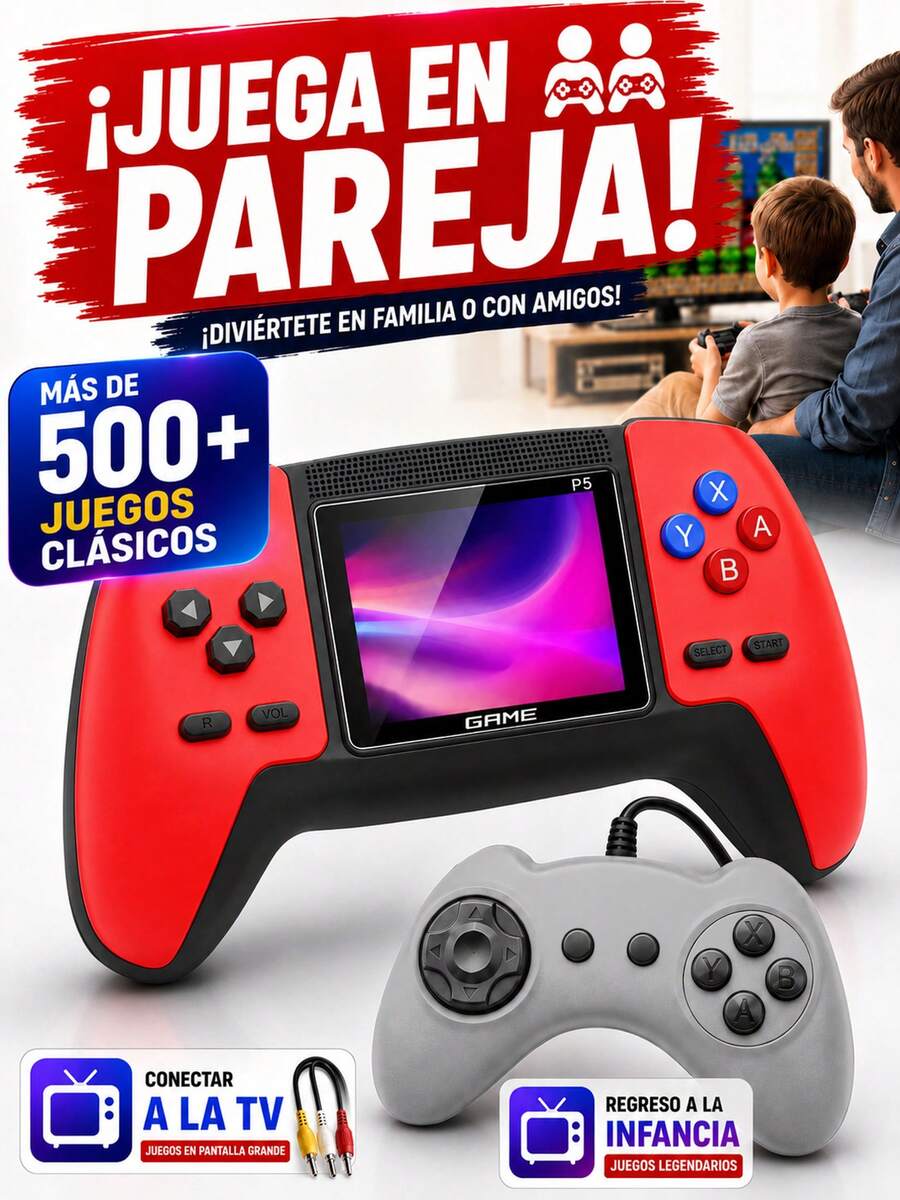 Portable Game Console With P5 Controller And Integrated Screen, 520 Retro Games, Rechargeable, Compatible With TV And 2 Player Mode