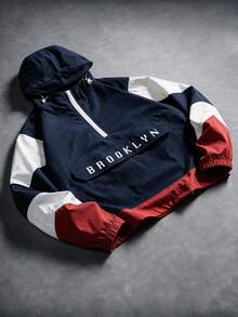 Men's American Vintage Hiking Running Lightweight Sports Set, Blue & Red Color Block, Eye-Catching, Half-Zip Hooded Jacket & Loose Drawstring Wide Leg Pants With Letter Embroidery, 2 Pieces Set, Unisex, Gift For Husband/Boyfriend - Navy Blue - View 2