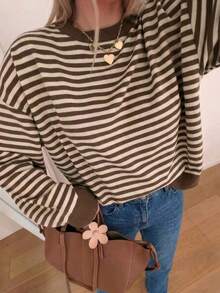 Women's Autumn Brown & White Striped Knit Sweater, Loose Fit, Round Neck, Long Sleeve, Dropped Shoulder, Short Length, Commuter Relaxed Style Fall - Khaki - View 3