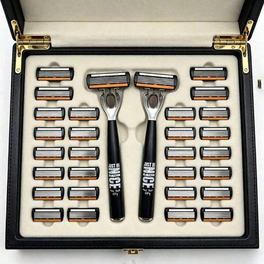 2pcs Black NICE Handle 36pcs Replacement Blades 6-Layer Manual Shaving Set | Men's Manual Shaving Set With 6-Layer Stainless Steel Blades, Reusable, Smooth Comfortable Clean Shave, Easy To Rinse And Clean