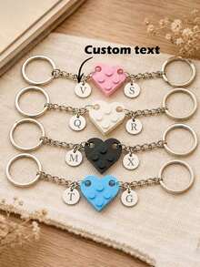 2pcs Customized Letter Heart-Shaped Keychain Set With Interlocking Heart, Customizable Engraved Name Initials, Couple Keychain Set, Valentine's Day Gift, Memorial Gift For Loved Ones - Multicolor - View 2