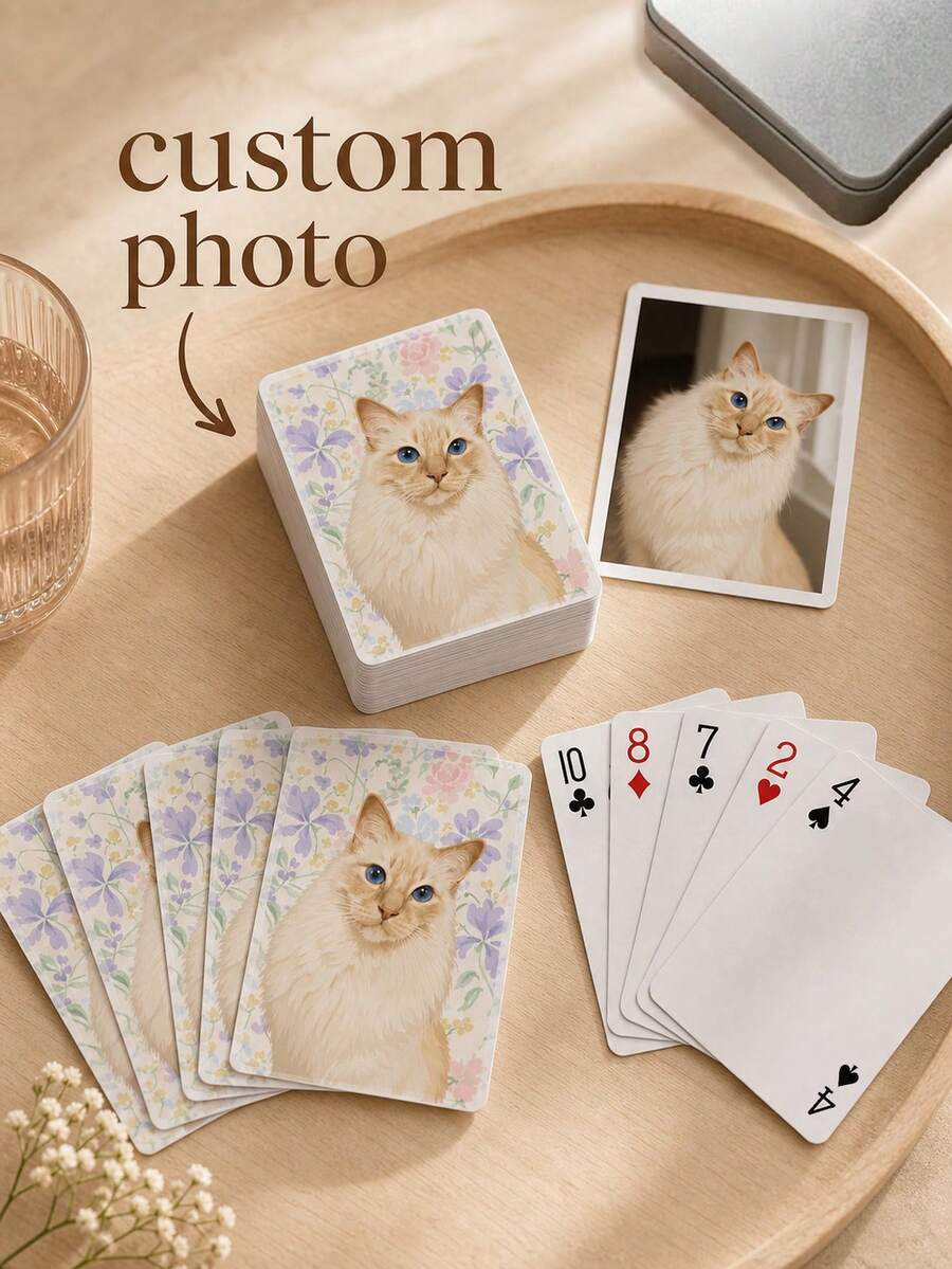 Custom Photo Playing Cards, Personalized Pet Photo Card Deck With Watercolor Portrait, Custom Pet Portrait Cards, Game Night Keepsake, Family Card Game, Pet Lovers Gift, Dog And Cat Owners Birthday Gift, Personalized Pet Lover Present - Multicolor - View 1
