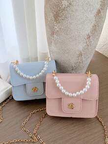 1pc Girls Solid Color PU Magnetic Closure Fashion Pearl Handbag Small Square Bag Chain Crossbody Bag Suitable For All Seasons Daily Use - A - View 2