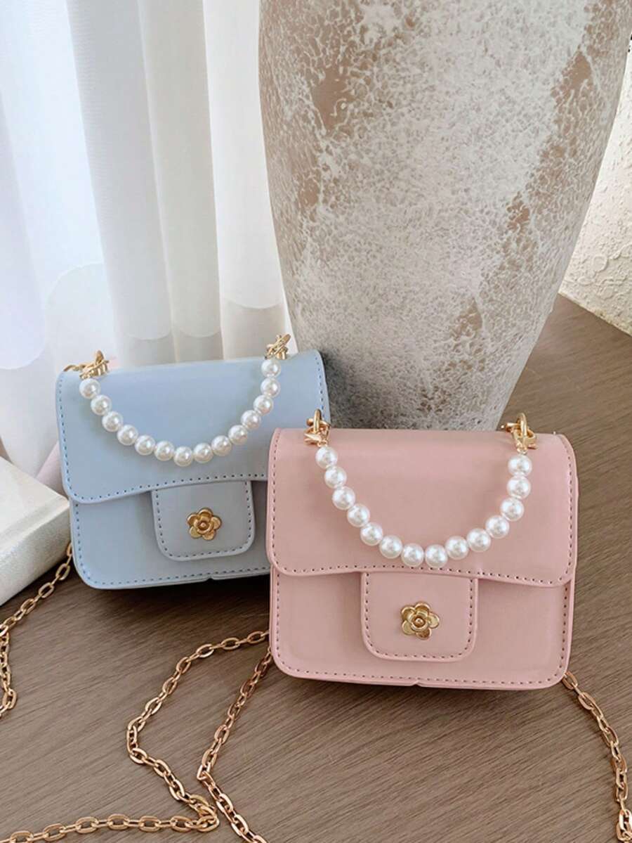 1pc Girls Solid Color PU Magnetic Closure Fashion Pearl Handbag Small Square Bag Chain Crossbody Bag Suitable For All Seasons Daily Use