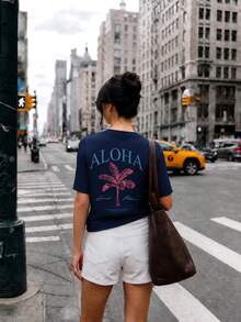 Women's Spring/Summer New Palm Tree Slogan Print Casual Round Neck Short Sleeve T-Shirt, Fashionable Resort Style, Your Daily Essential Item. Graphic Tee, Vacation - Navy Blue - View 6