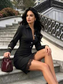 Women Fall Black Shirt Collar Bodycon Mini Dress, Long‑Sleeve Rhinestone Buttons Ruched Waist Lace Trim Hem Dress For Party Halloween Date Work - Black - View 1