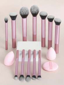 Multifunctional Makeup Brush Set, Includes Powder Brush, Blush Brush, Foundation Brush, Eyeshadow Brush, Blending Brush, Contour Brush, And Random 2 Pieces Of Slanted Edge Makeup Sponge, Round Head Makeup Sponge And White Powder Puff - Pink - View 4