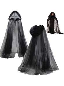1Pc Halloween Long Hooded Net Fabric Women's Cape, Dark Witch's Cloak Costume For Role-Playing, Wedding Accessory, Bride's Shawl, Gift For Friend - Multicolor - View 6