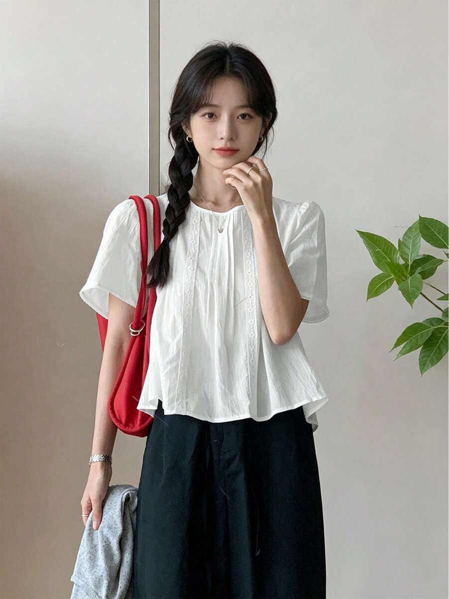YCYC 韓系女款春夏清新甜美蕾絲浪漫百褶拼接森女風溫柔娃娃風襯衫上衣 白色 - 白色 - 查看 1