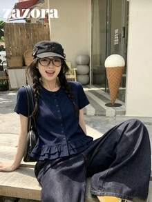 修身短版圓領短袖T恤，荷葉邊下擺日系復古女孩上衣，休閒風格 - 藏青色 - 查看 4
