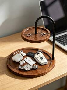 1pc 2‑Tier Walnut Wood Jewelry Tray, Black Metal Frame Round Desktop Organizer Tray, Decorative Vanity Display Holder For Keys Watch Rings Earrings, Entryway Nightstand Countertop Storage Decor - Multicolor - View 5