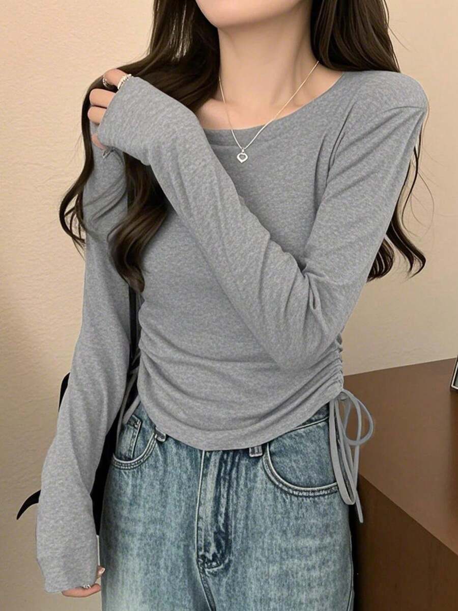 秋季韓式修身圓領抽繩設計百搭長袖女款T恤上衣