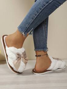 Autumn/Winter Atmosphere Bowknot Decor Slippers Women's Simple Versatile Home Fluffy Plush Lining Fluffy Plush Lining Fur Slippers - Brown - View 6