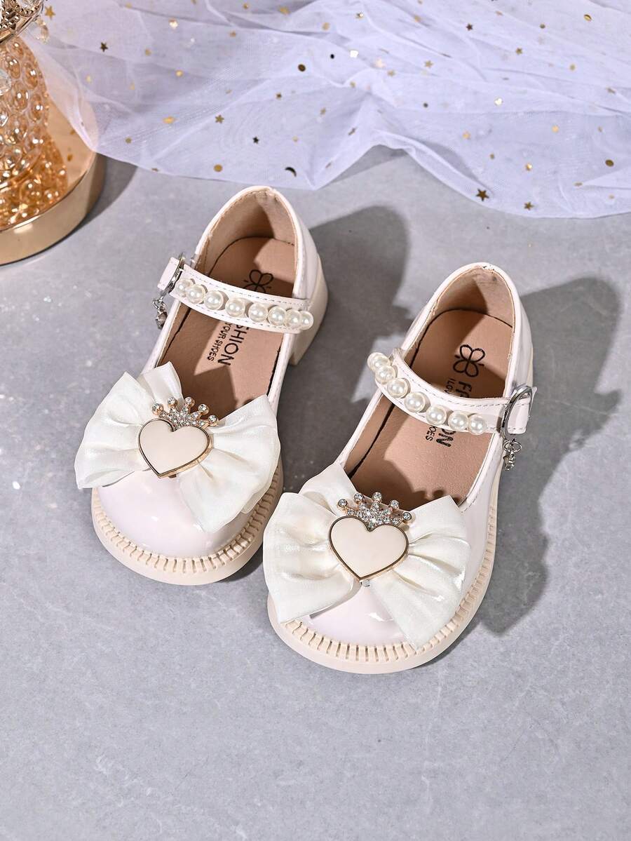 Girls' Pearl Bow Mary Jane Shoes With Heart & Crown Decor, Shiny Shoes - Pink - View 1