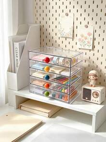1pc Creative Colorful Contrast Ball Pull Handle Multi-Layer Transparent Stationery Storage Box, Large Capacity Layered Visible Drawer Design, Stationery Storage Essential For Journaling Enthusiasts, Student Desk Organizer Box, Office Small Item Dust-Proof Storage Box - Multicolor - View 3