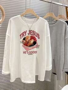 Women's Oversized Long Sleeve T-Shirt With Fun Food Illustration And Letter Print, Casual Versatile Inner Layer Top For Autumn - White - View 4