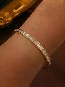 1 Pieza Moderno Brazalete De Acero Inoxidable Y Circonita Cúbica Adecuado Para Mujeres - Dorado - Ver 8
