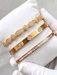 3/1pcsGold‑Tone Stainless Steel Bangle, Snake‑Textured Design, Style, Adds Extra Fashion Sense To Outfits - Gold - View 18