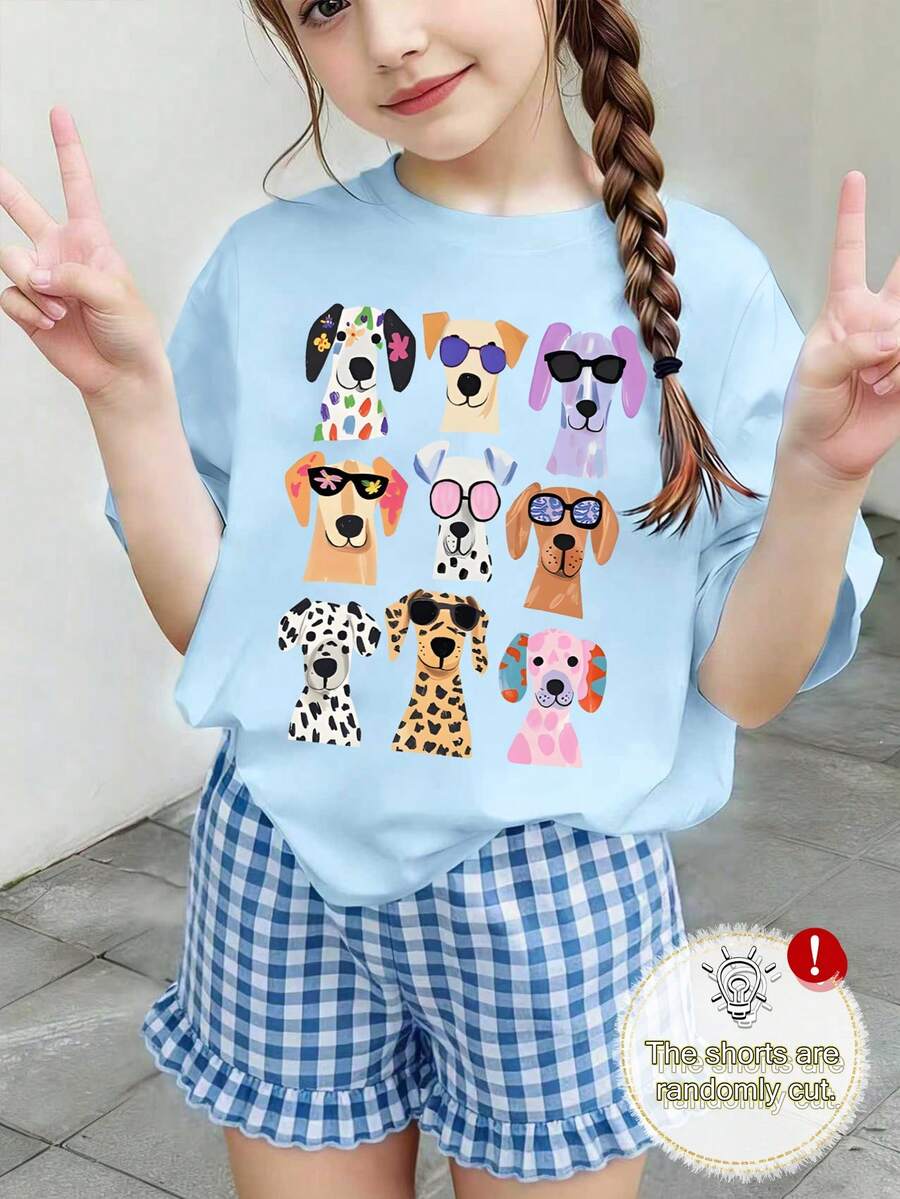 Setelan 2pcs Atasan dan Celana Pendek Kotak-kotak Motif Kreatif untuk Anak Perempuan Remaja, Motif Kotak-kotak Kartun Lucu, Cocok untuk Pakaian Sehari-hari Musim Semi/Panas, Musim Kembali ke Sekolah, Liburan Musim Panas, Perjalanan, dan Aktivitas Luar Ruangan - Baby Blue - View 1