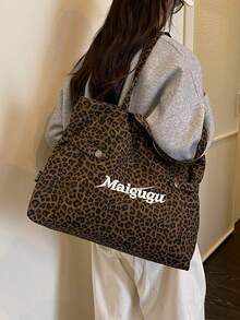 1pc Women Leopard Print Tote Bag Embroidered Letter Decor Multi‑Pocket Wide Strap Large Capacity Casual Shoulder Handbag - Multicolor - View 5