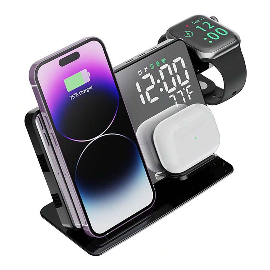 6-In-1 Charger Station For Phone/Watch/Android Devices With LED Clock & Temp Display, Bedside Mirror, Organizer For Electronic Devices - Black - View 1