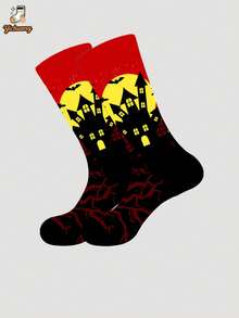1 Pair New Halloween Men's Mid-Calf Socks, Castle & Bat Socks - Multicolor - View 6