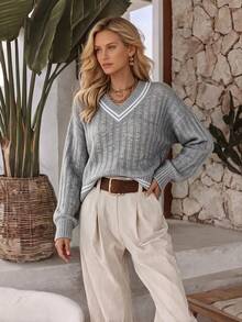 NiceArt V-Neck Contrast Striped Ribbed Loose Knit Sweater, Vintage Commuter Style Gray & White Colorblock Drop Shoulder Long Sleeve Top, Autumn Outfit - Grey - View 3