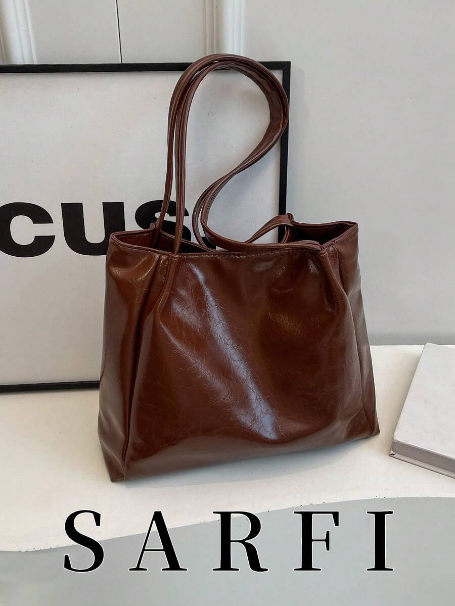 Minimalist Solid Color Glossy Women's Handbag, Modern Commuter Style Shoulder Bag, Large Capacity Bag Suitable For Shopping And Commuting