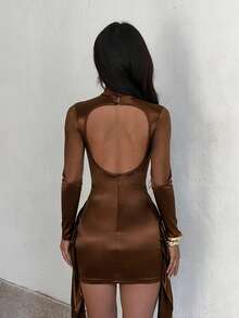 Women's Fall Brown Elegant Backless Satin Midi Dress With Draped Sash, Date, Party, Holiday, Birthday, Wedding, Winter,Halloween, Christmas,Hoco - Brown - View 4