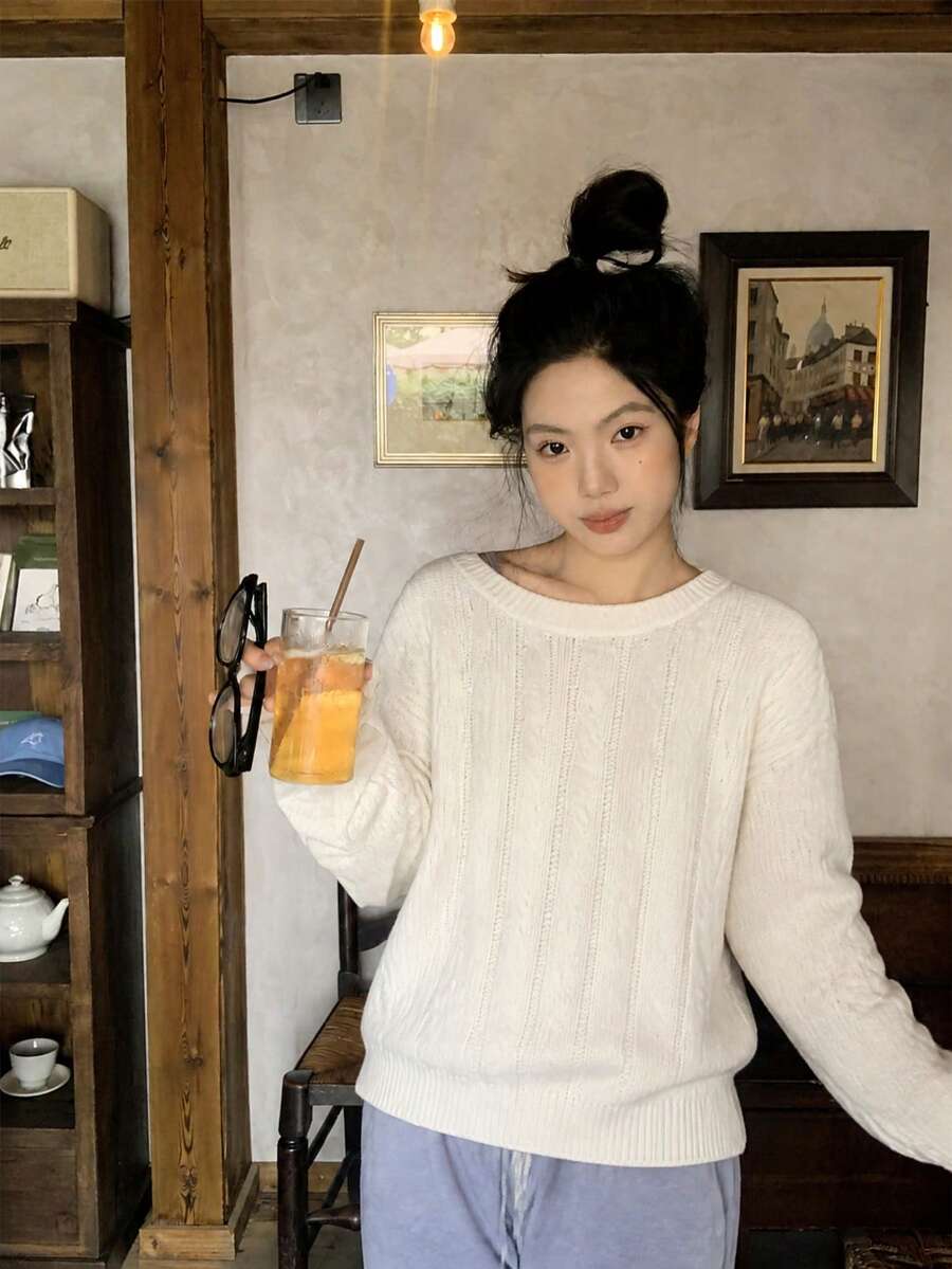 Minimalist Fashion Cable Knit Sweater Top For Women White Fall - White - View 1