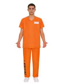 Men's Adult Cosplay Prisoner Costume Prison Uniform Short Sleeve Top + Pants Set - Orange - View 2