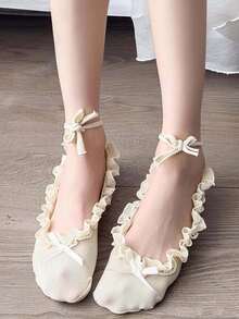 Lace Ruffle Ankle Tie No‑Show Socks, Sweet Bow Decor Ballet Invisible Socks, Soft Anti‑Slip Lace Trim Foot Socks For Women Dress Shoes - Multicolor - View 8