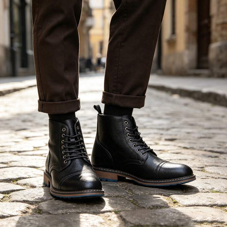 Men's Vintage Work Boots Round Toe Thick Sole Heel Dual-Tone Upper Commute Casual Ankle Boots Outdoor Hiking Boots - Black - View 1