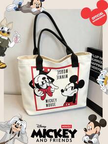 Miniso Tas Tote Kanvas Disney Mickey & Minnie dengan Border Merah Vintage Motif Kartun, Tas Bahu dengan Pegangan untuk Penggunaan Sehari-hari - Hitam - View 2