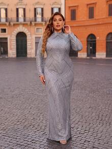 Plus Size Luxury Light Gray Sequin Elegant Stand Collar Long Sleeve Mermaid Party Evening Dress - Light Grey - View 1