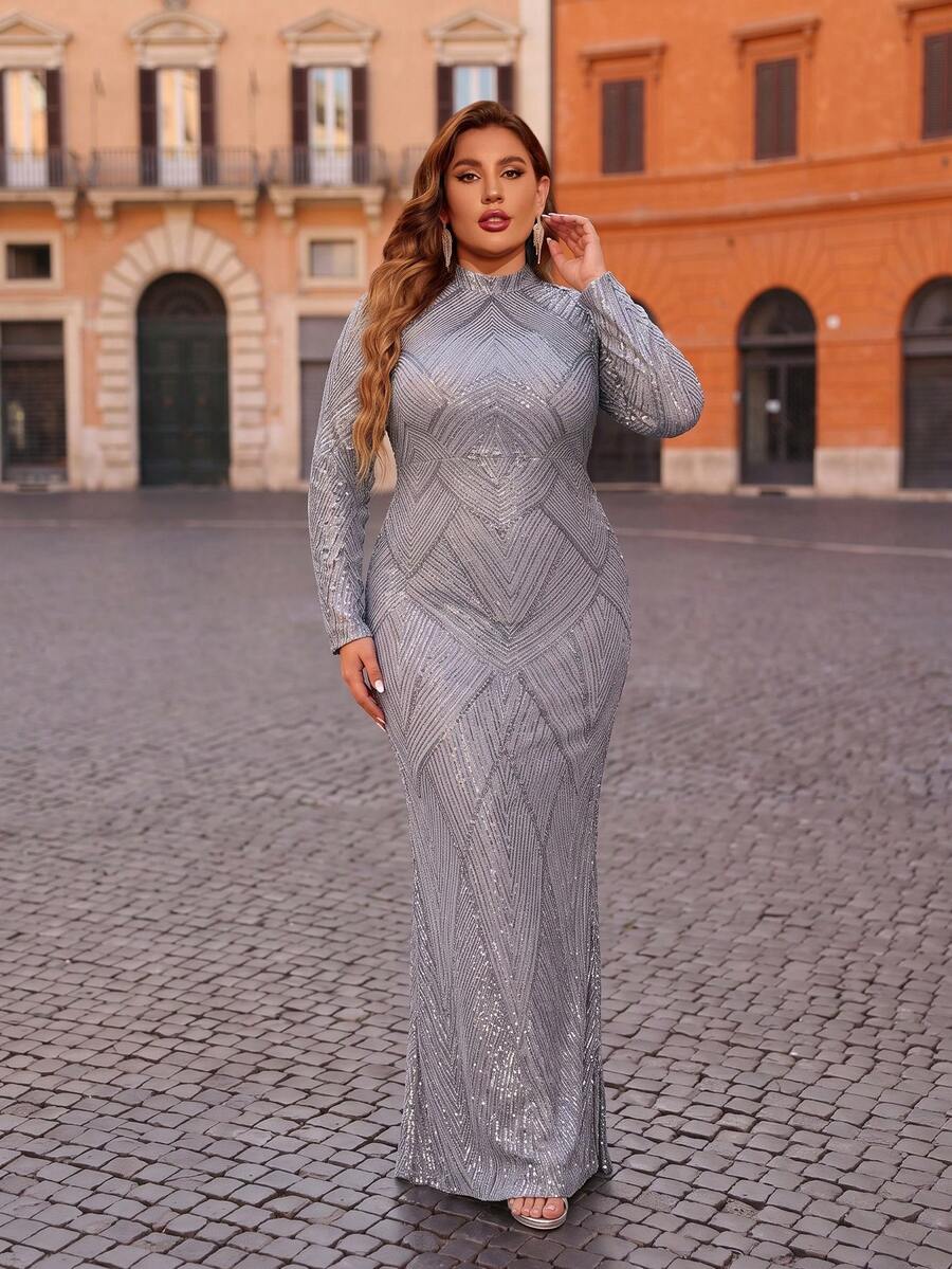 Plus Size Luxury Light Gray Sequin Elegant Stand Collar Long Sleeve Mermaid Party Evening Dress - Light Grey - View 1