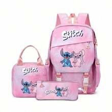 Miniso Disney "Lilo & Stitch" 3-In-1 Student Backpack Set, Includes Backpack + Insulated Lunch Bag + Pencil Case, Perfect Back To School Gift - Pink - View 3