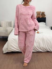 Dreamivo Girl Style Solid Color Plush Loungewear 2-Piece Set, All-Over 3D Bow Embossed Design Round Neck Long Sleeve Pajama Set, Elastic Waist Long Pants Non-Tight, Thickened Coral Fleece Fabric Suitable For Home And Outdoor Wear - Pink - View 3