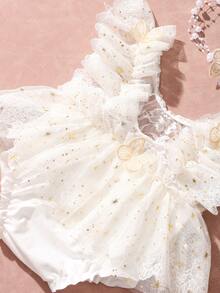 Newborn Baby Girl Photography Outfit, 3D Butterfly Decor Shiny Star Triangle Romper With Pearl Headband Set, Lace Trim Photo Romper - White - View 6