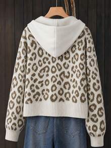 Women's Fashion Leopard Print Hooded Knit Cardigan, Casual Long Sleeve Drawstring Button Short Sweater Jacket, Loose Fit Autumn/Winter Outerwear - Camel - View 2