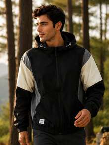 Men's Outdoor Jacket, Contrast Color Casual Windbreaker, Sport Jacket, Coat Black Spring Sports - Black - View 11
