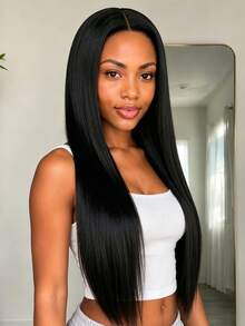 28 Inch Black Middle Part Women's Wig, High Temperature Synthetic Heat Resistant Wig, Natural Fluffy, Fashionable And Elegant, Suitable For All Women's Daily Wear And Party Occasions, Halloween - Black - View 4