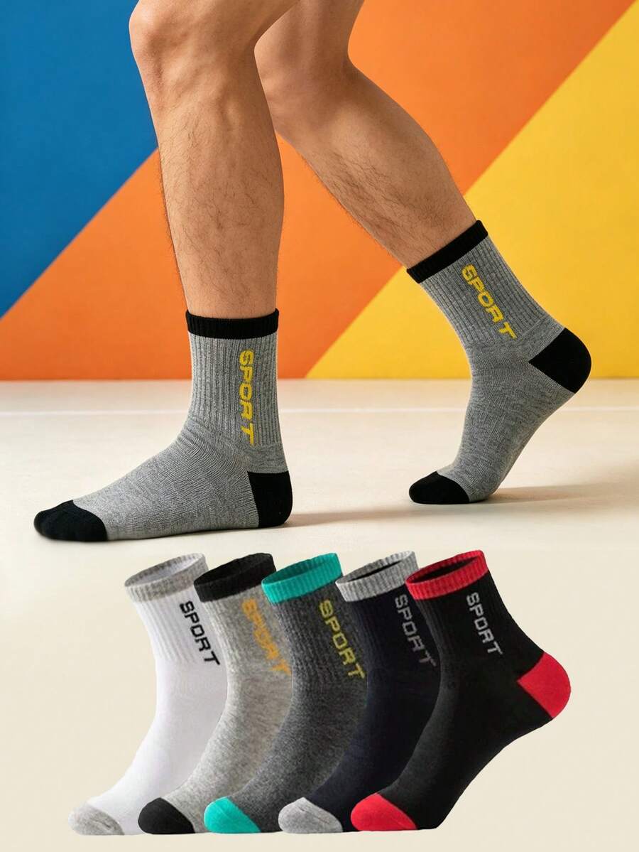 1/5/10 Pairs Random Men's Mid-Calf Socks, Multi-Color Sport Letter Athletic Socks, Non-Slip Shock-Absorbing Running Socks, Fitness Socks - Multicolor - View 1