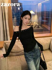 鉚釘不對稱肩鬆款長袖針織T恤底層上衣 初秋 - 黑色 - 查看 4